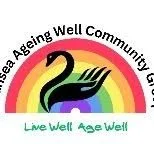 Logo of Chelsea Ageing Well Community Group featuring a rainbow, a yellow sun, and stylized black and purple hands, with the slogan 'Live well. Age well.'