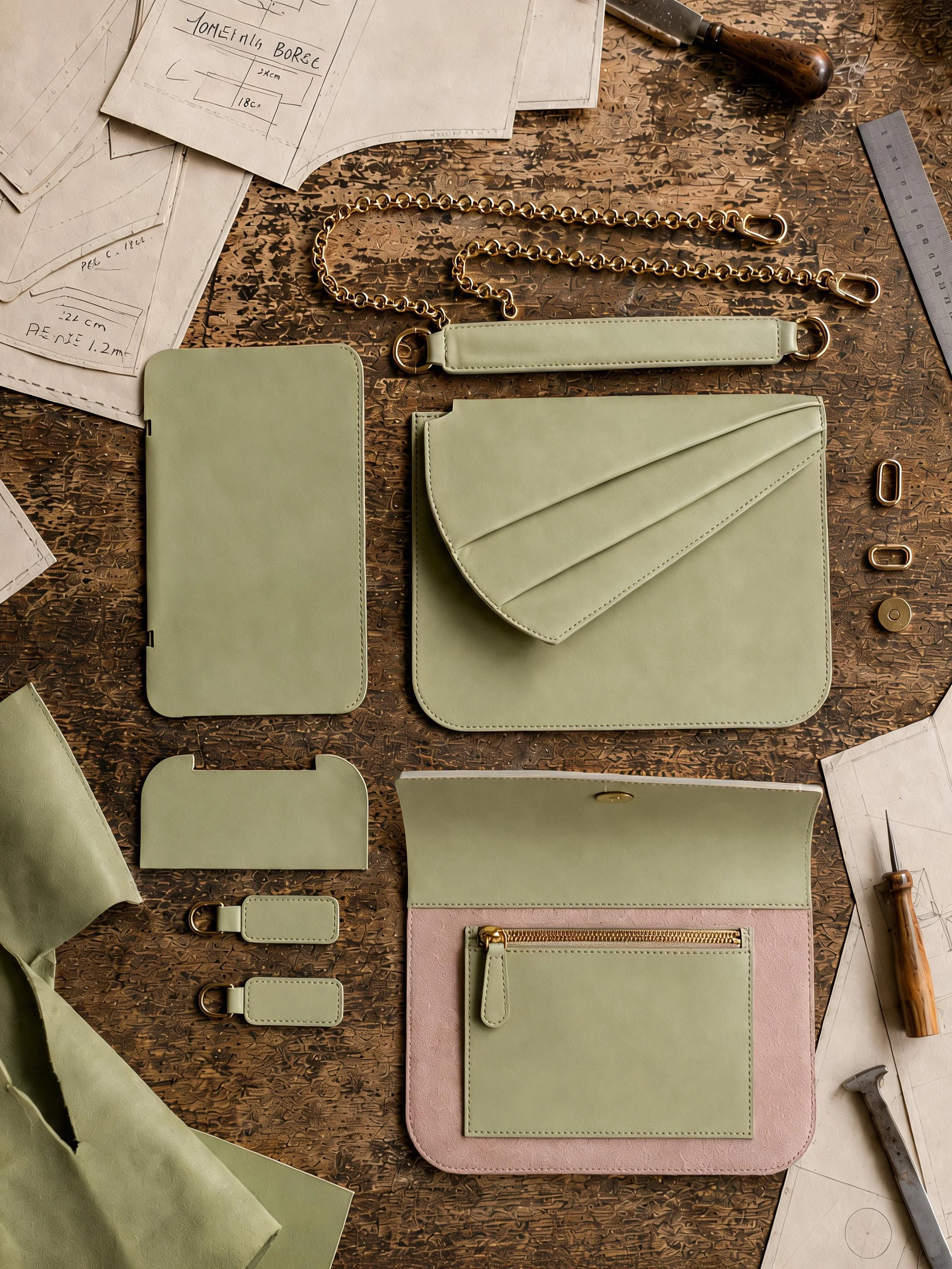 A workspace with green leather accessories, including a bag, wallet, and tags, along with sketches of designs, measuring tools, and patterns on a wooden surface.