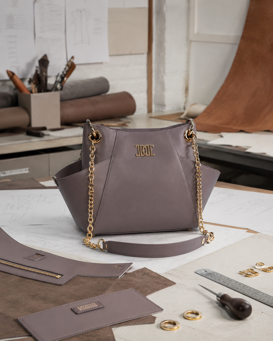 A gray leather handbag with gold chain straps and hardware sitting on a worktable surrounded by fabric swatches, jewelry tools, and sketches in a design studio.