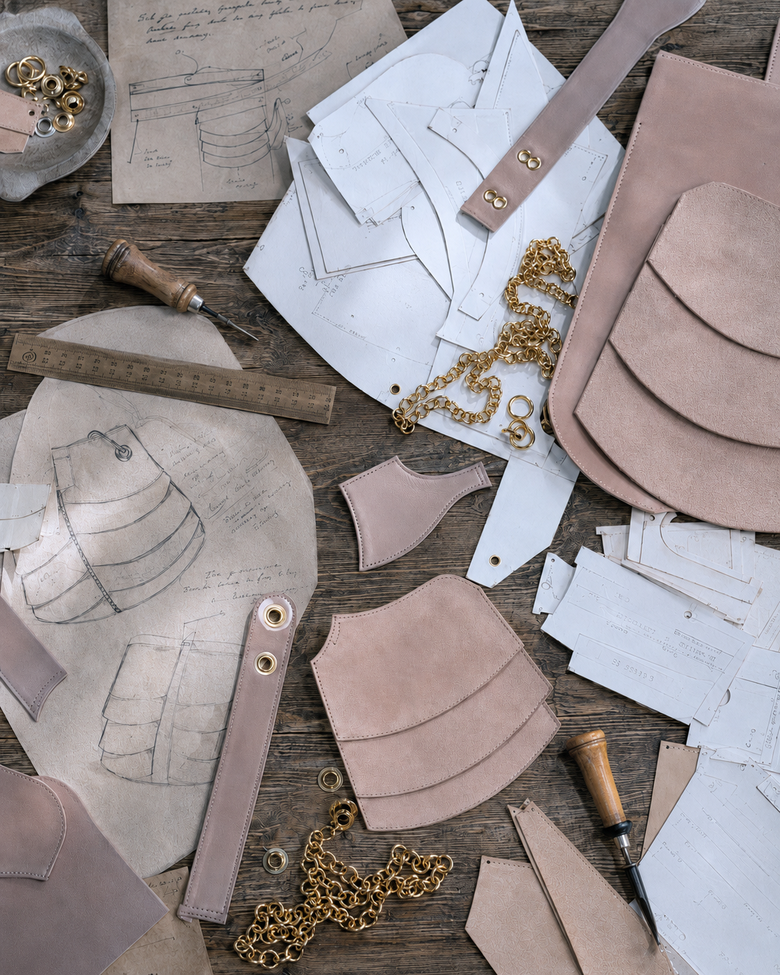A workspace with fashion design sketches, leather fabric swatches, metallic hardware, a chain, a ruler, and tools for creating handbags or accessories on a rustic wooden table.