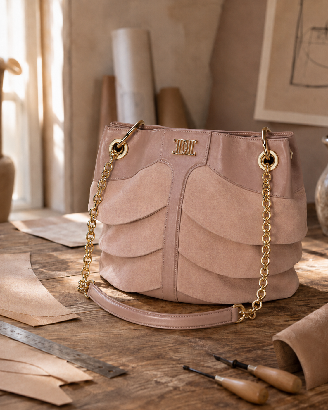 A pink designer handbag with gold chain handles on a wooden table, surrounded by leather crafting tools and materials in a workshop setting.