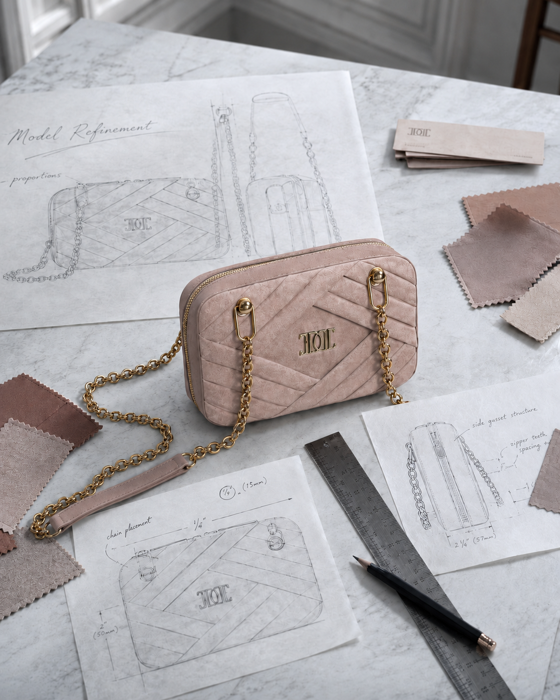 A pink designer handbag with gold chain handles on a marble table surrounded by sketches, color swatches, and technical drawings for handbag design.
