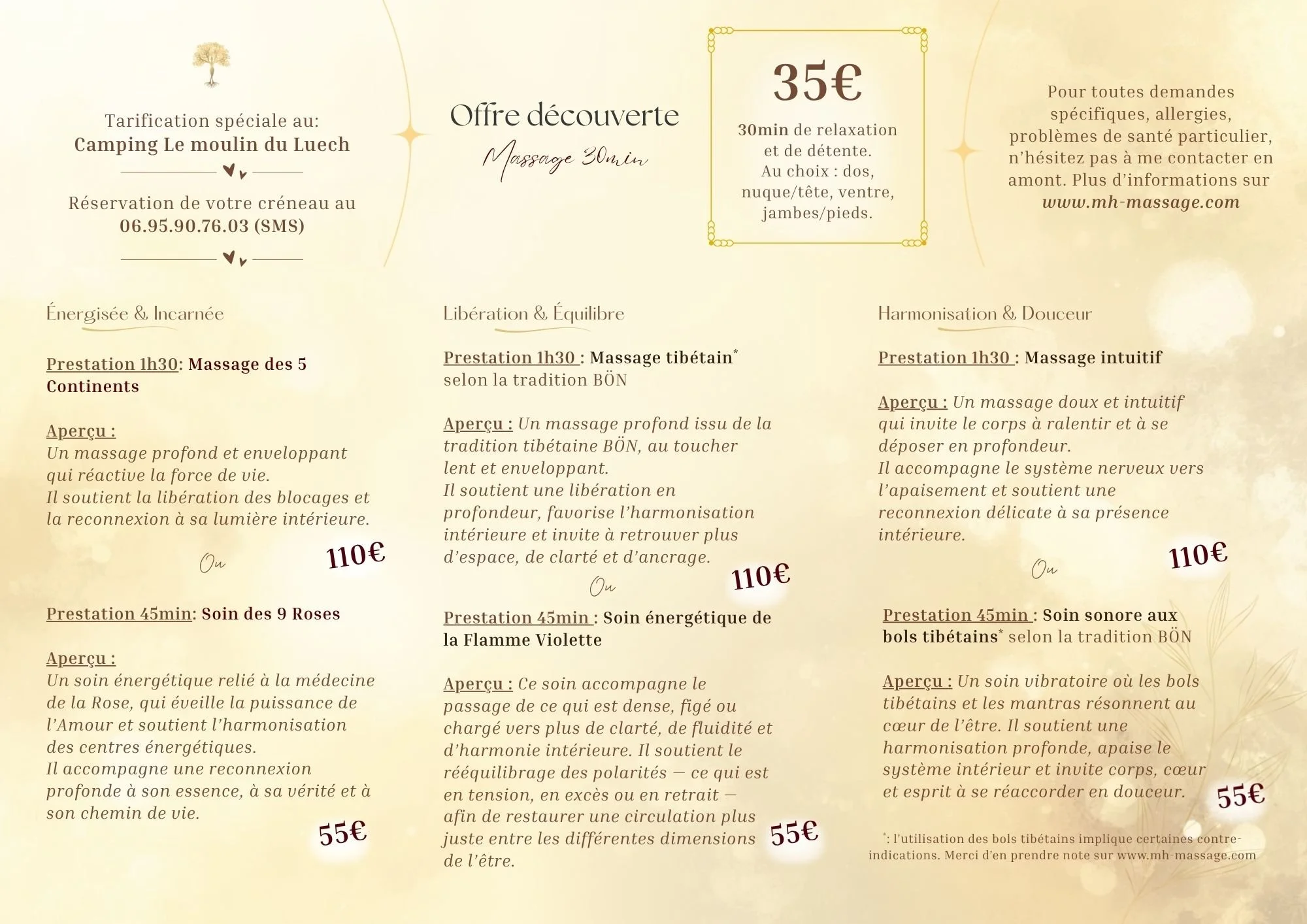 Fiche tarifaire des prestations au camping de Peyremale