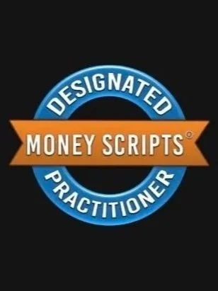 Badge with blue circle and orange banner reading 'Money Scripts' in the center, surrounded by the words 'Designated Practitioner'.