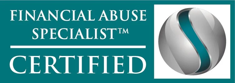 A teal and white banner with the text 'Financial Abuse Specialist™ Certified' and a logo featuring a silver sphere with a teal S-shaped symbol.