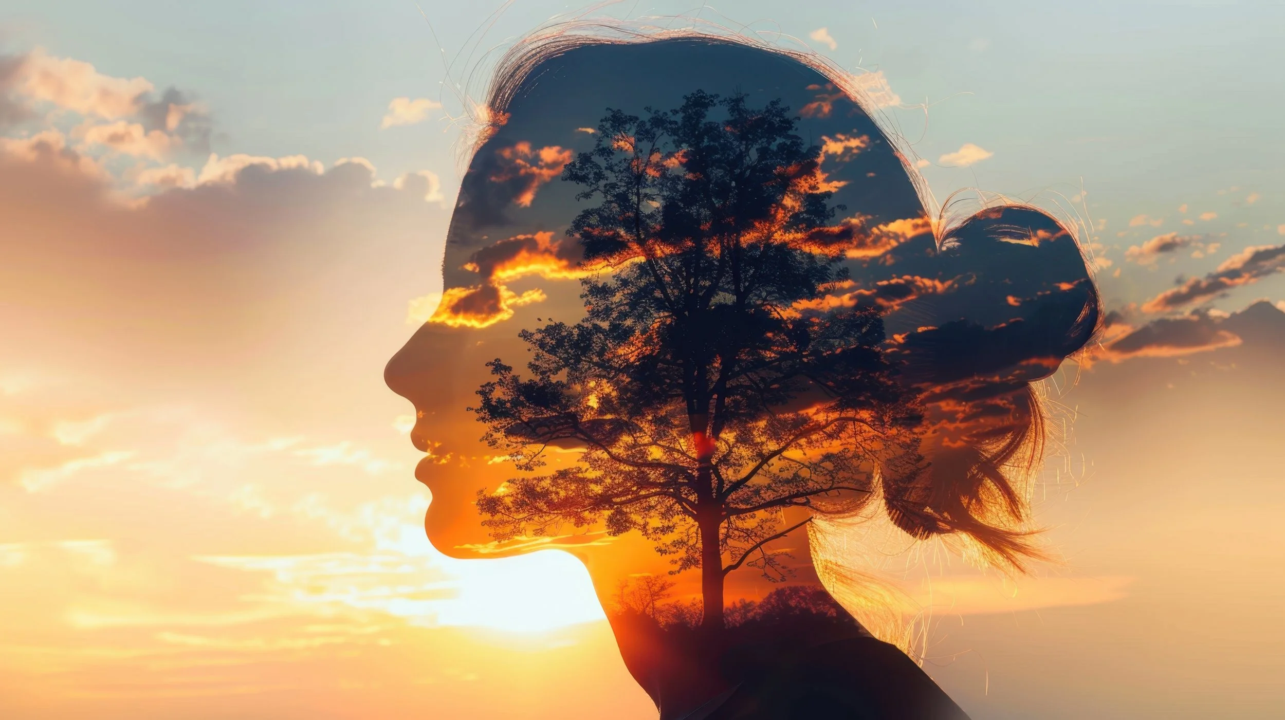 A double exposure photo combining the silhouette of a woman's profile with a sunset sky, clouds, and trees.
