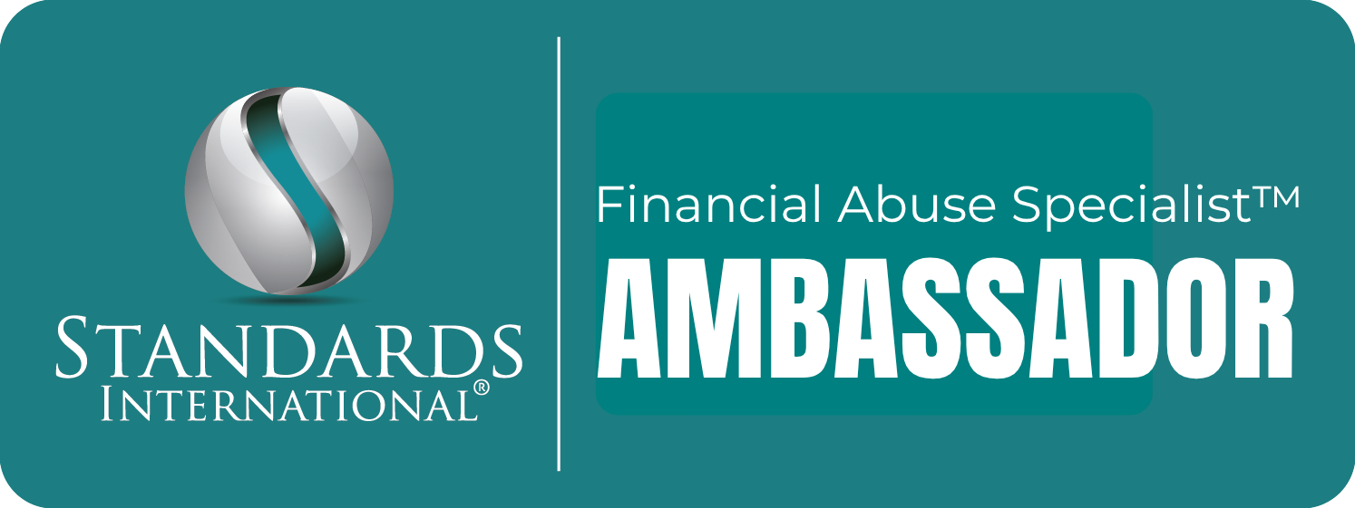 Logo and certification badge for Standards International, indicating the person is a Financial Abuse Specialist™ Ambassador.