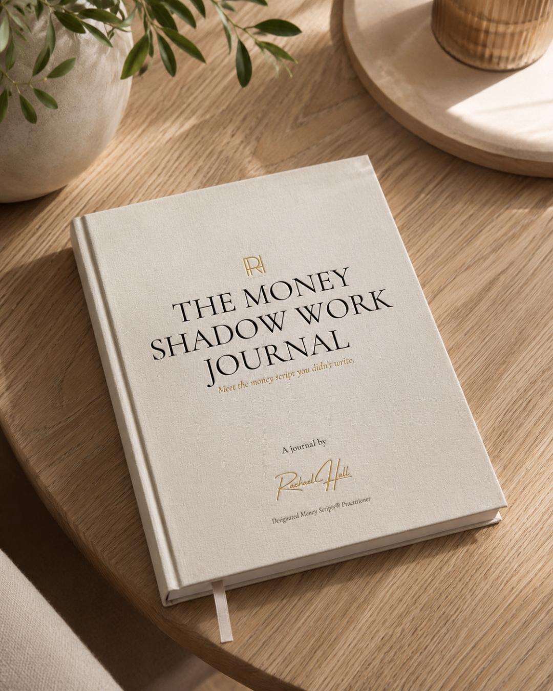 A hardcover journal titled 'The Money Shadow Work Journal' is placed on a wooden table. The cover mentions 'Meet the money script you didn't write' and is authored by Rachael Hall. There is a potted plant with green leaves partially visible on the left and a wooden tray with a basket or container on the right.