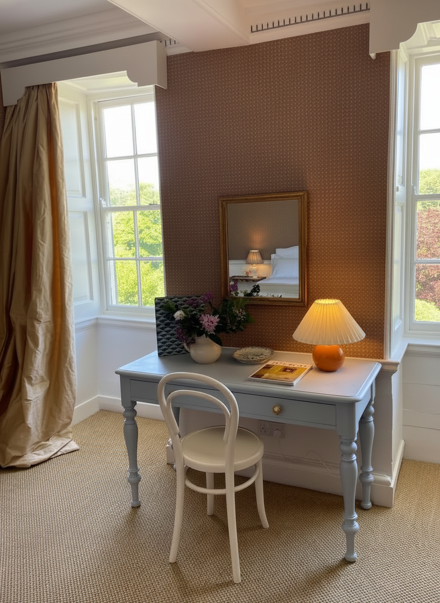 A white Desk with a white chair, a flower vase, a table lamp, and a magazine, positioned below a framed mirror in a room with two large windows and yellow curtains.