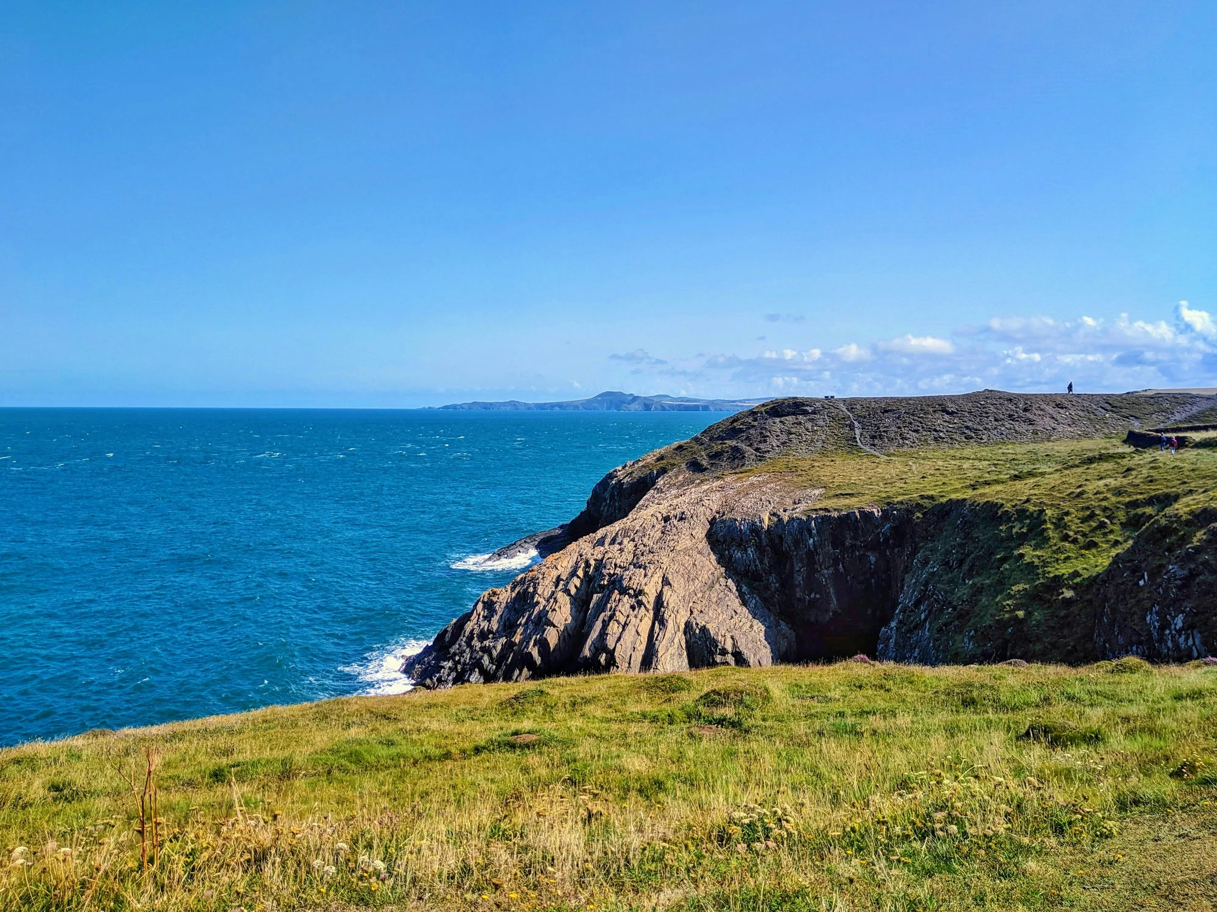 Coastal cliffs with grassy fields and a view of the ocean on a clear, sunny day.