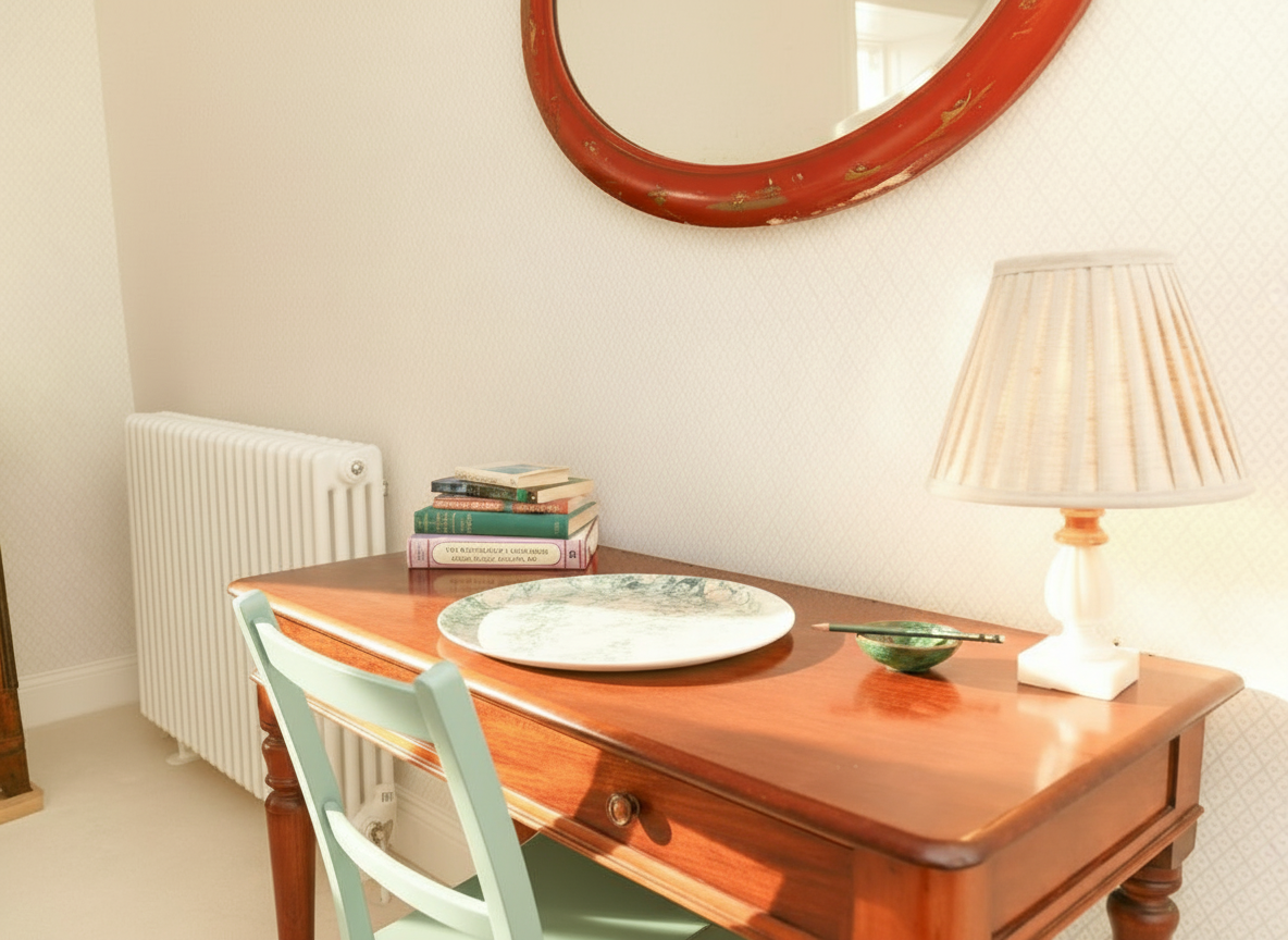 A wooden dining or side table with a large decorative plate, a small green bowl with chopsticks, a stack of books, and a lamp with a pleated shade. A mirror hangs on the wall above the table, reflecting part of the room.