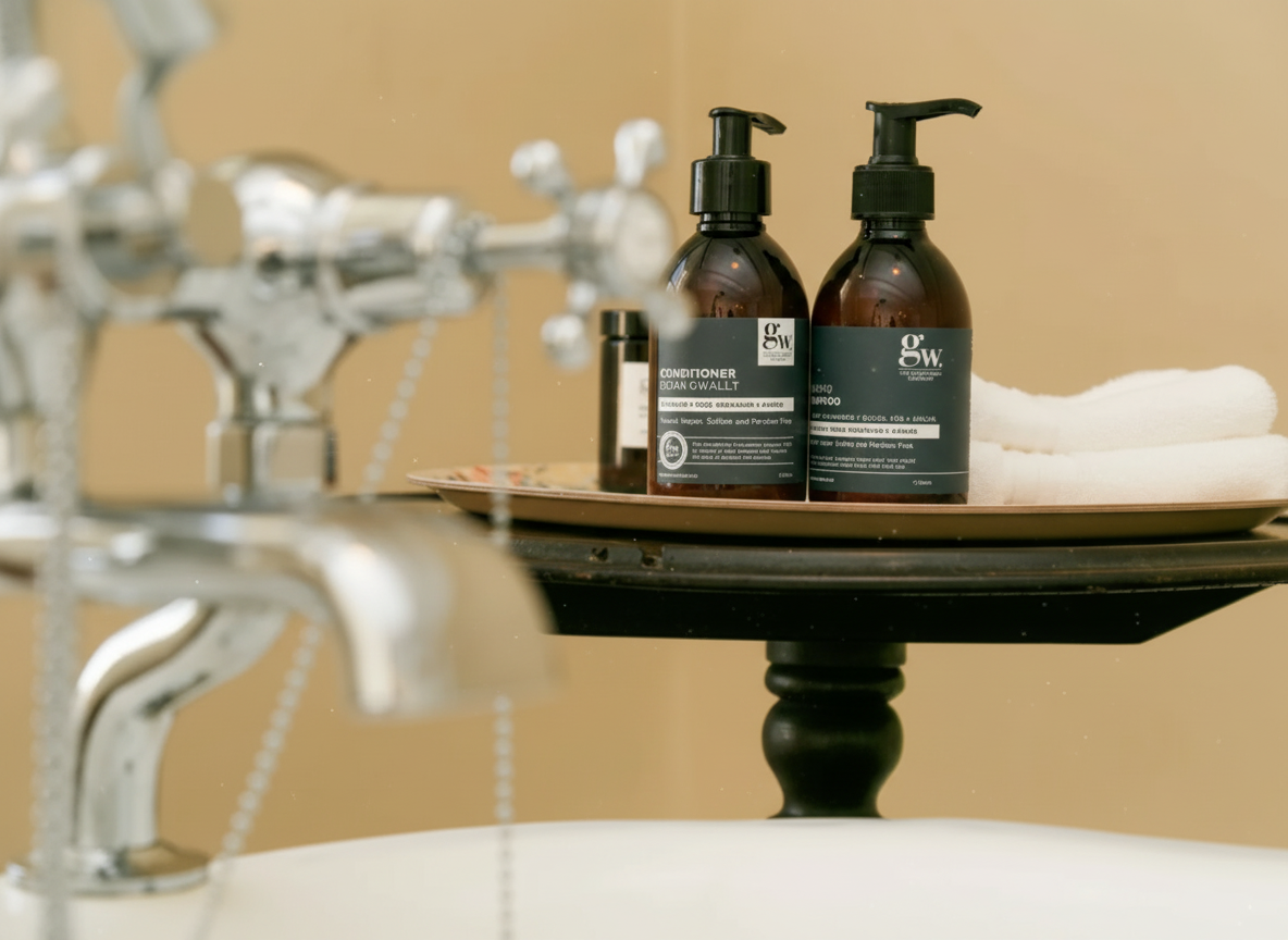 A tray with brown bottles of conditioner and other toiletries beside neatly folded white towels. Part of a vintage-style silver faucet and a bathtub are visible in the foreground.
