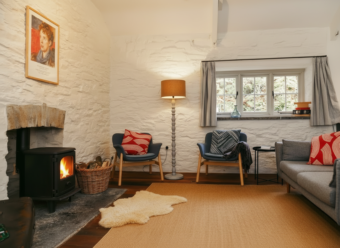 Cozy living room with a wood-burning stove, two armchairs with patterned pillows, a gray sofa with pillows, a cork floor lamp, window with curtains, and a rustic wall with artwork.