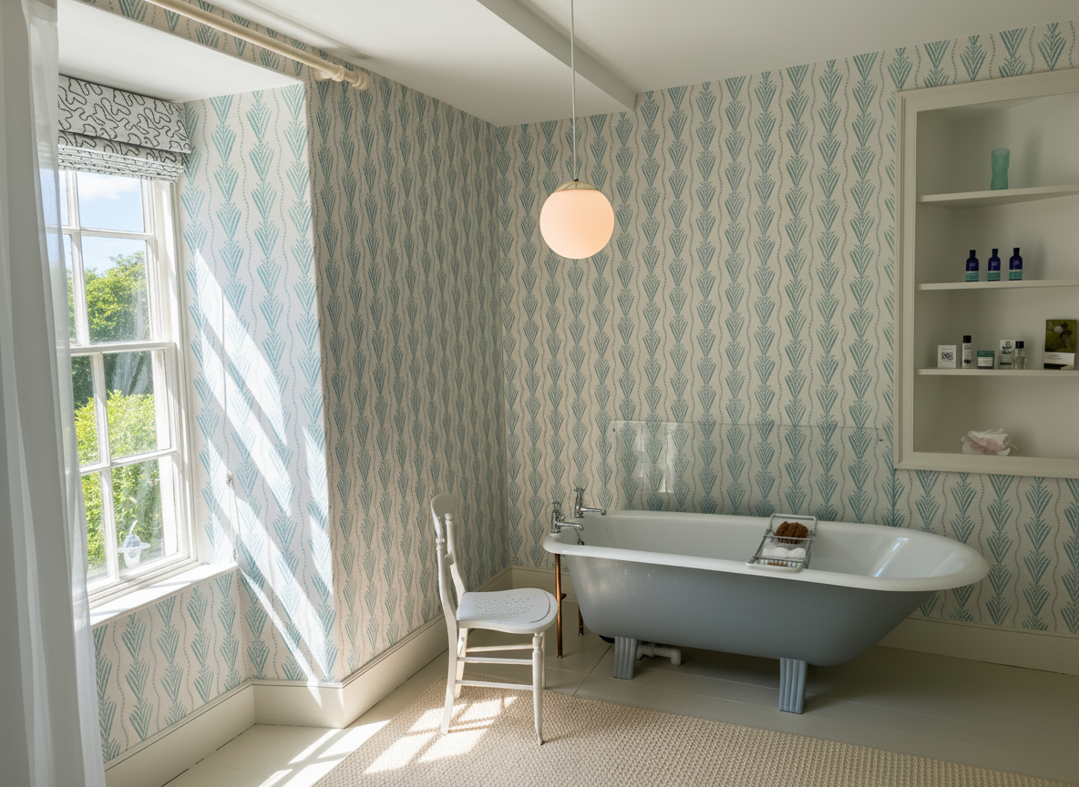 A bathroom with a clawfoot bathtub, a white chair, a window with sunlight coming through, patterned wallpaper, and a floating shelf with bottles and decorative items.