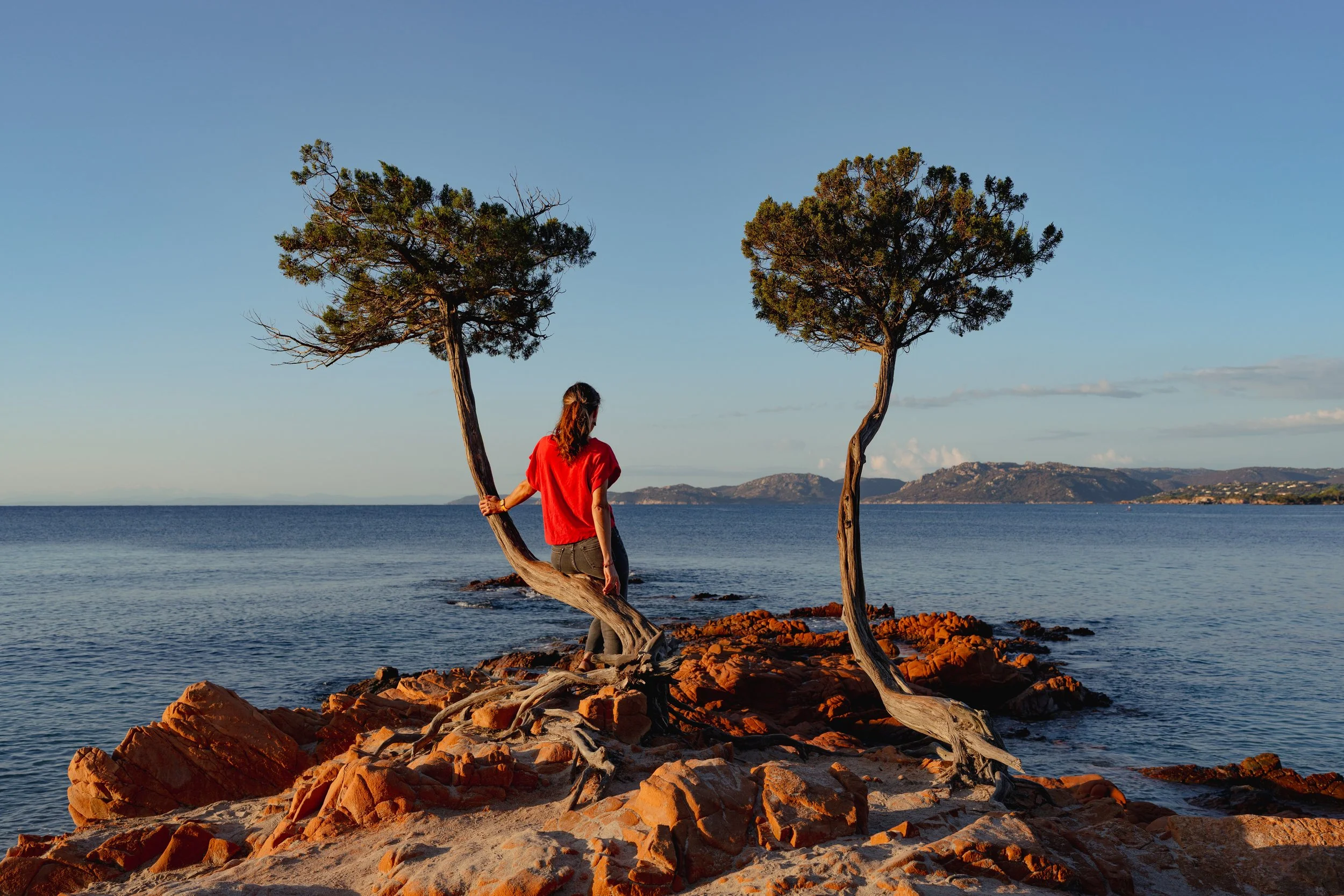 Femme en contemplation sur la plage de palombaggia