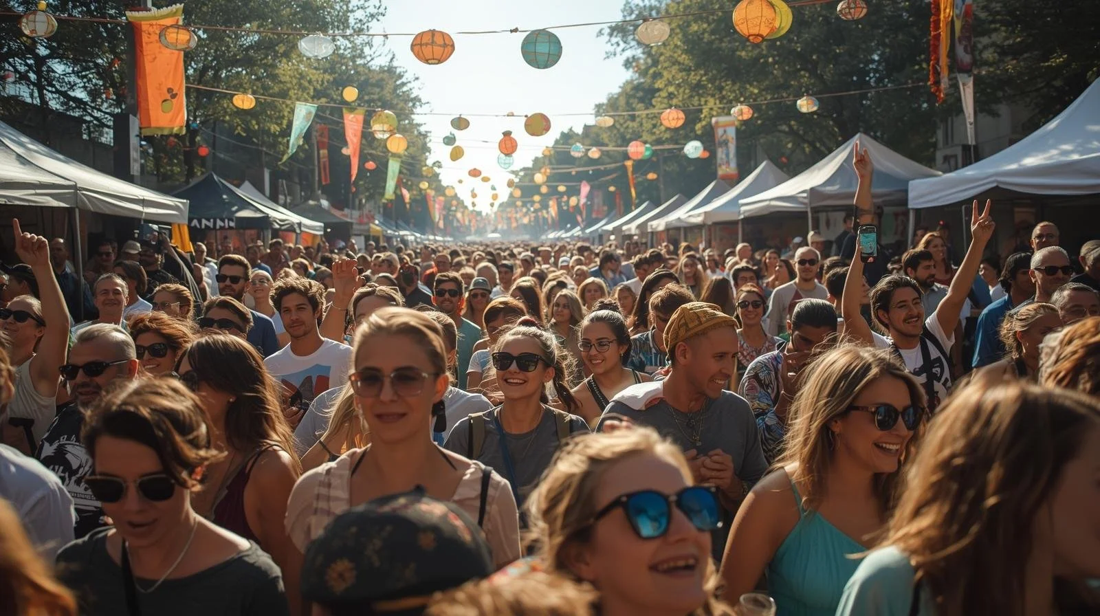 Crowd of people attending an outdoor festival or street fair with festive decorations and tents.