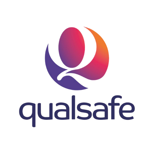 Qualsafe logo featuring a stylized human figure with a spherical head and curved arms in purple, orange, and pink colors, with the company name 'qualsafe' below.