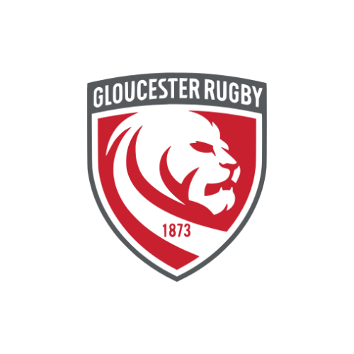 Gloucester Rugby logo featuring a lion's head in profile on a shield, with 'GLOUCESTER RUGBY' at the top and '1873' at the bottom.
