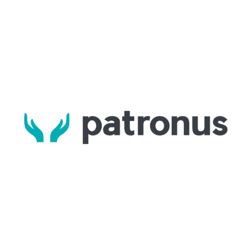 Patronus logo with stylized teal hands and the word 'patronus' in bold black letters.