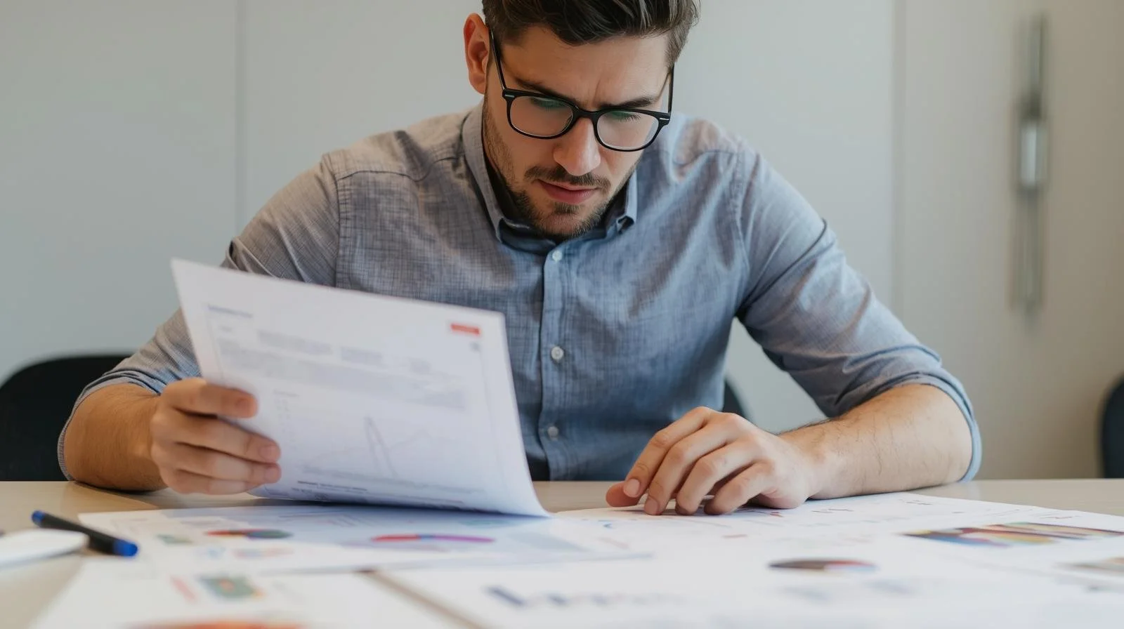 A man with glasses, sitting at a desk, examining a document with charts and graphs.