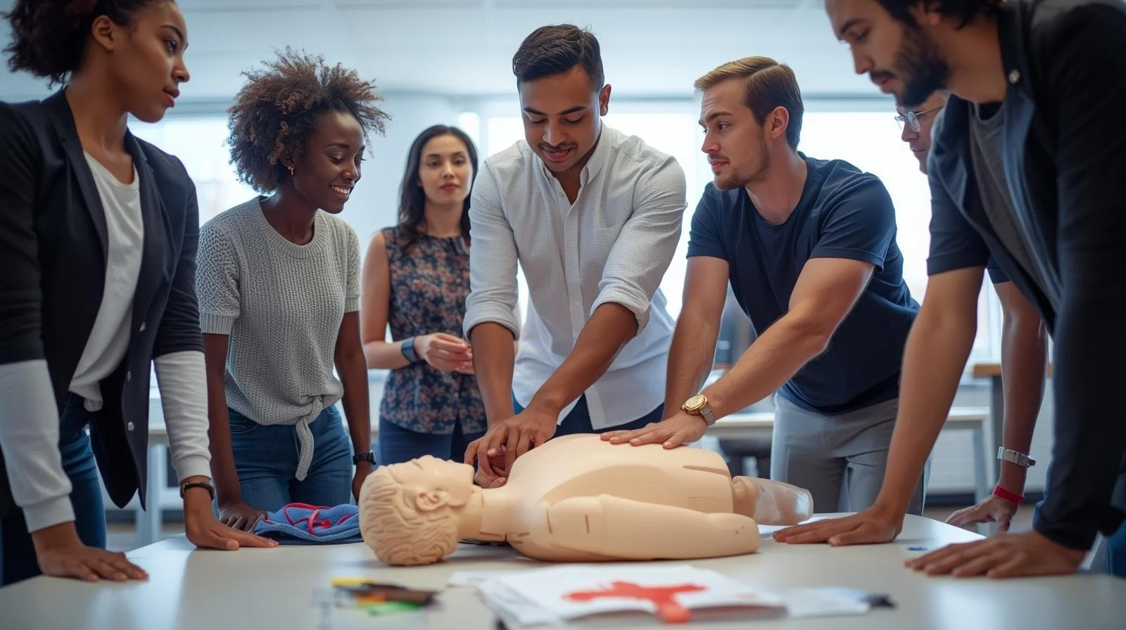 Group of diverse people practicing CPR on a training mannequin in a classroom or training room.