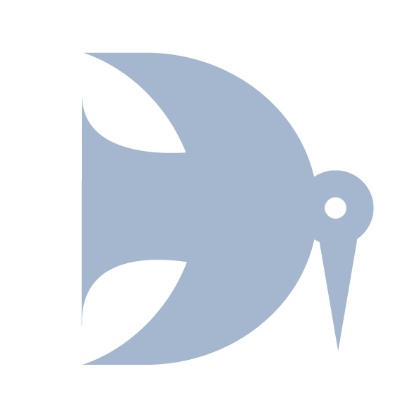 Ein stilisiertes bläuliches Vogelsymbol auf schwarzem Hintergrund.
