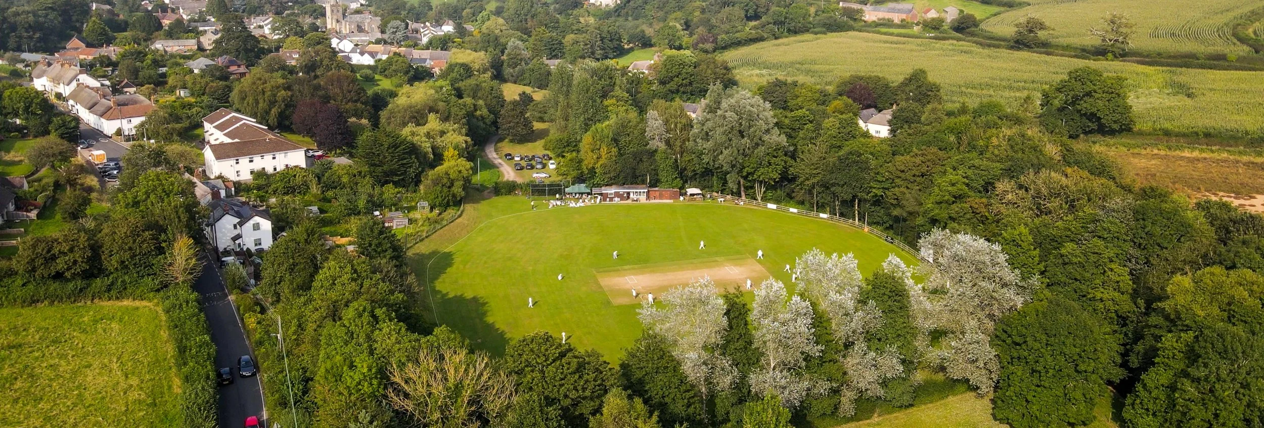 Aerial view of a grassy baseball field surrounded by trees and a residential neighborhood with houses, green fields, and farmland.