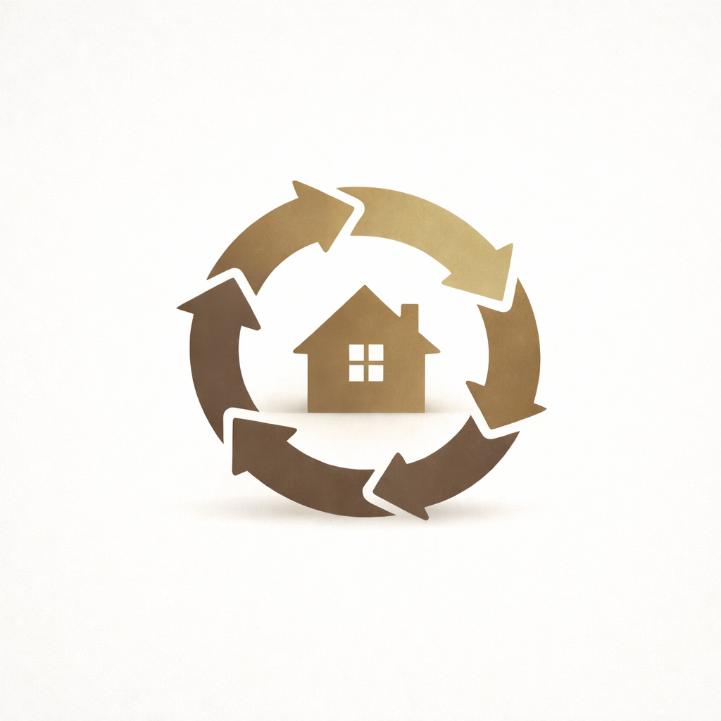 Symbole de recyclage avec une maison au centre et des flèches circulaires autour.