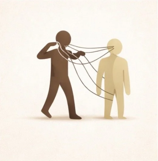 Deux silhouettes stylisées, une brune et une blond clair, connectées par des fils électriques,debout. L'image représente un concept d'interconnexion ou de dépendance.