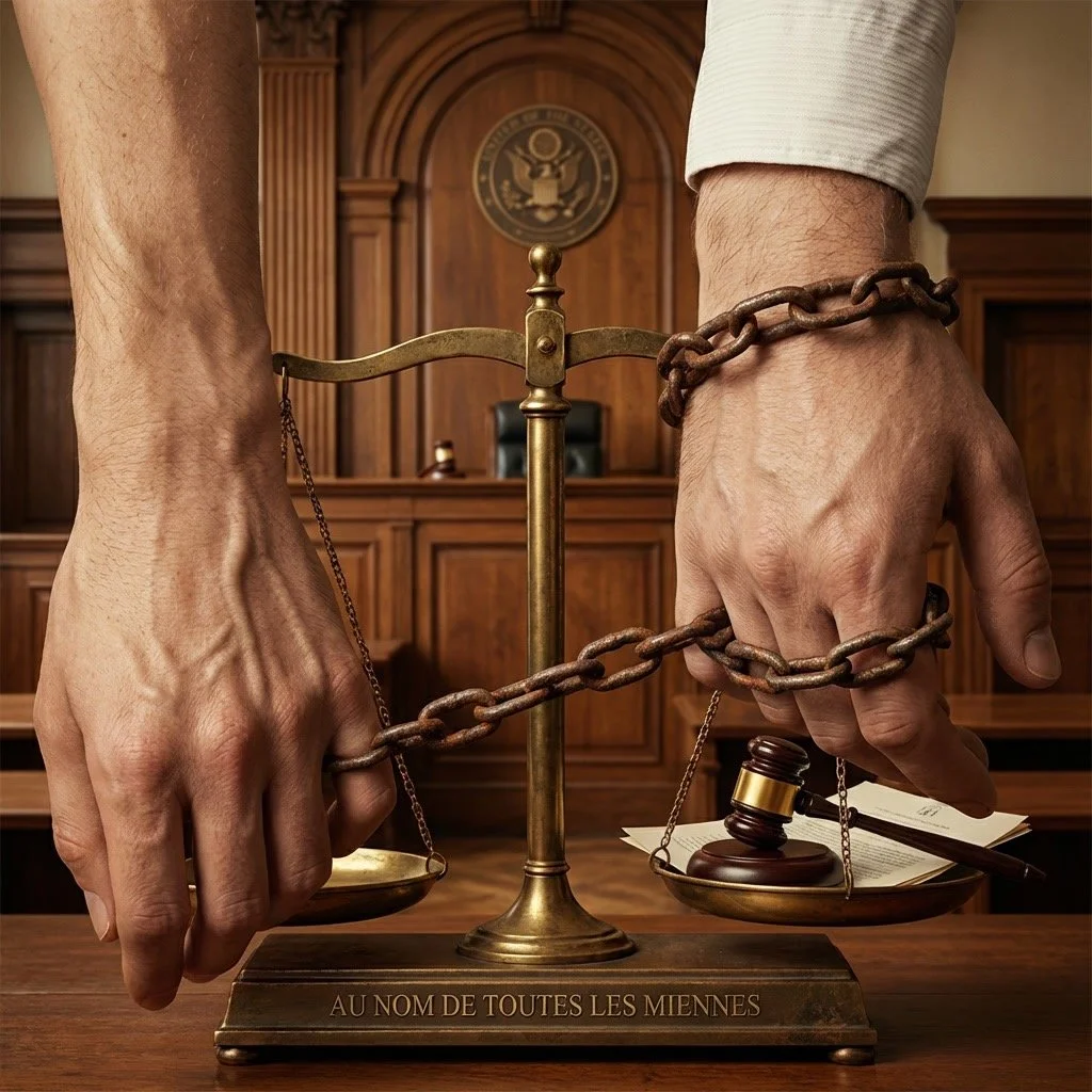 Une balance de justice avec des chaînes, un marteau de juge et des documents, dans une salle d'audience en bois, avec une plaque portant l'inscription "AU NOM DE TOUTES LES MIENNES".