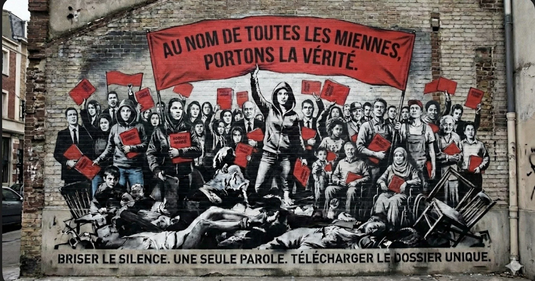 Une fresque murale représentant un groupe de personnes lors d'une manifestation ou rassemblement, avec une bannière rouge portant l'inscription "Au nom de toutes les miennes, portons la vérité" et des personnes tenant des livres rouges. La scène évoque une lutte collective pour la justice ou la vérité.