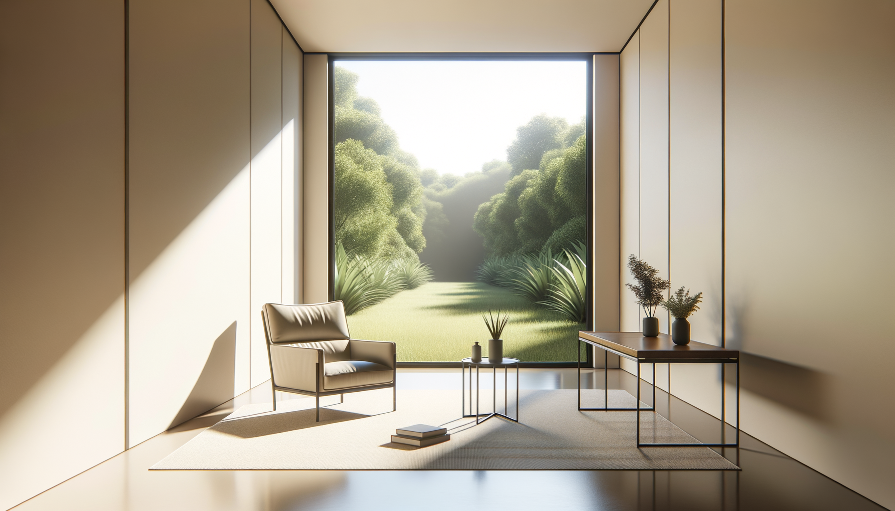 Modern interior room with a large window overlooking lush green trees, a beige armchair, a small round side table with vases and plants, and a desk with three vases and potted plants.