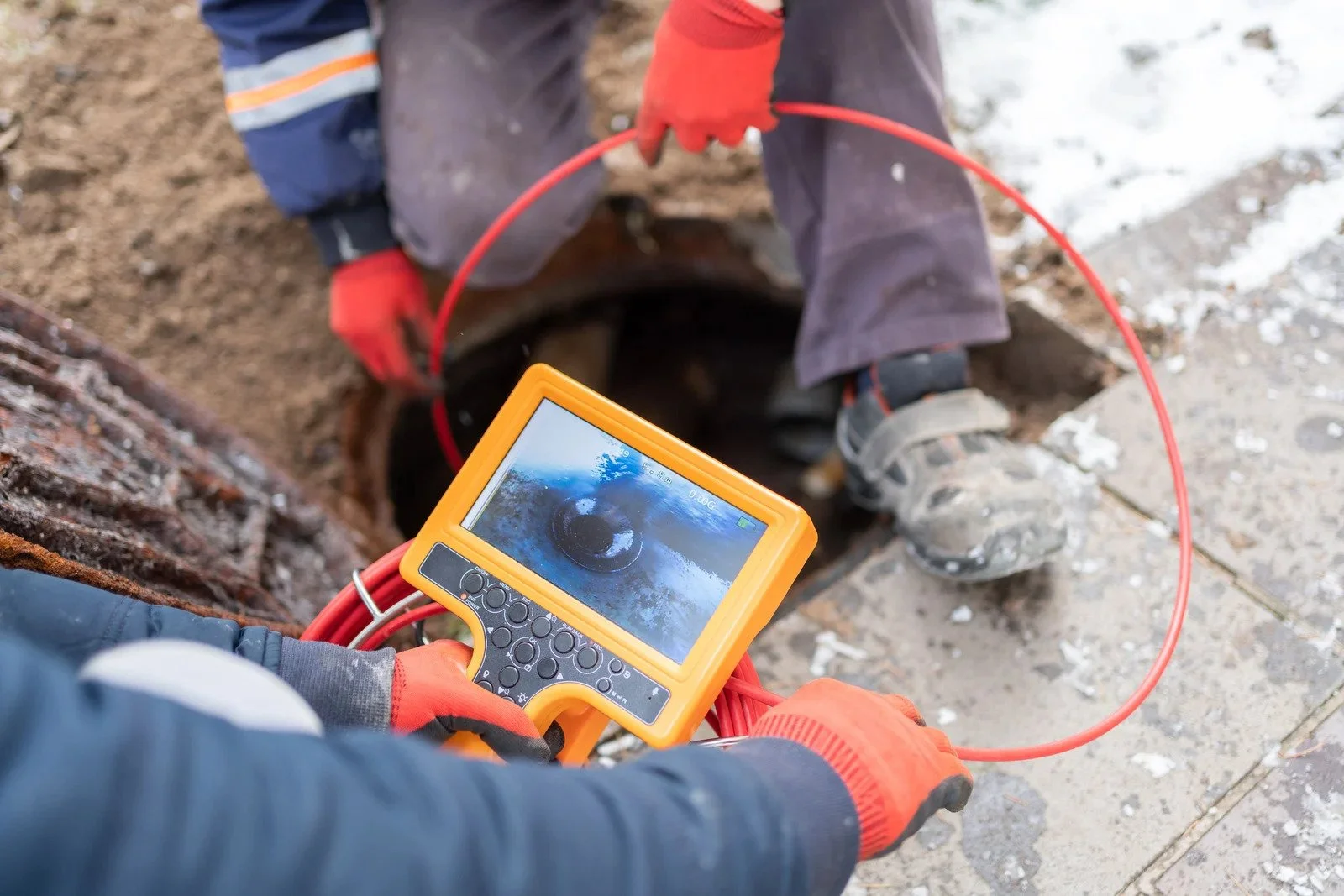 Worker in gloves and boots using a pipe locator to find underground pipes.