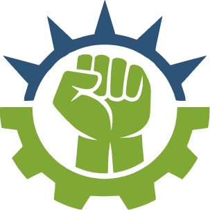 A logo featuring a green clenched fist inside a gear, with a stylized sunburst above, symbolizing activism or social change.