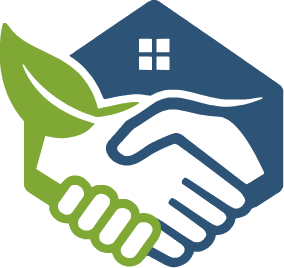 A graphic of a handshake between a green leaf and a blue house symbol, representing eco-friendly or green building practices.