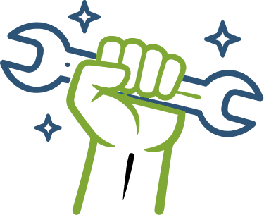 A green fist holding a wrench, surrounded by small stars.