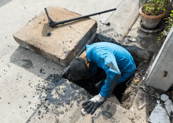 Worker in blue shirt and black cap repairing underground utility access in sidewalk