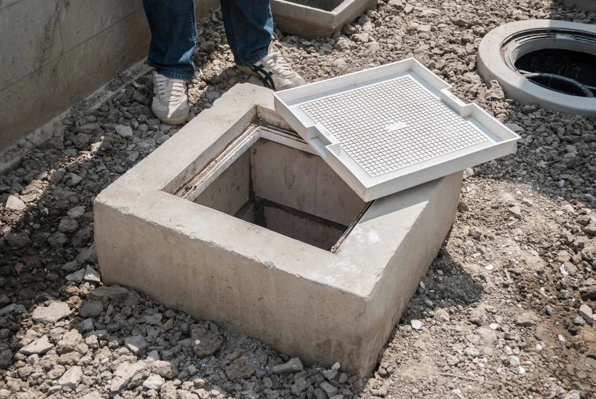 Construction worker installing or inspecting a small concrete underground structure with a white plastic cover, surrounded by dirt and gravel.