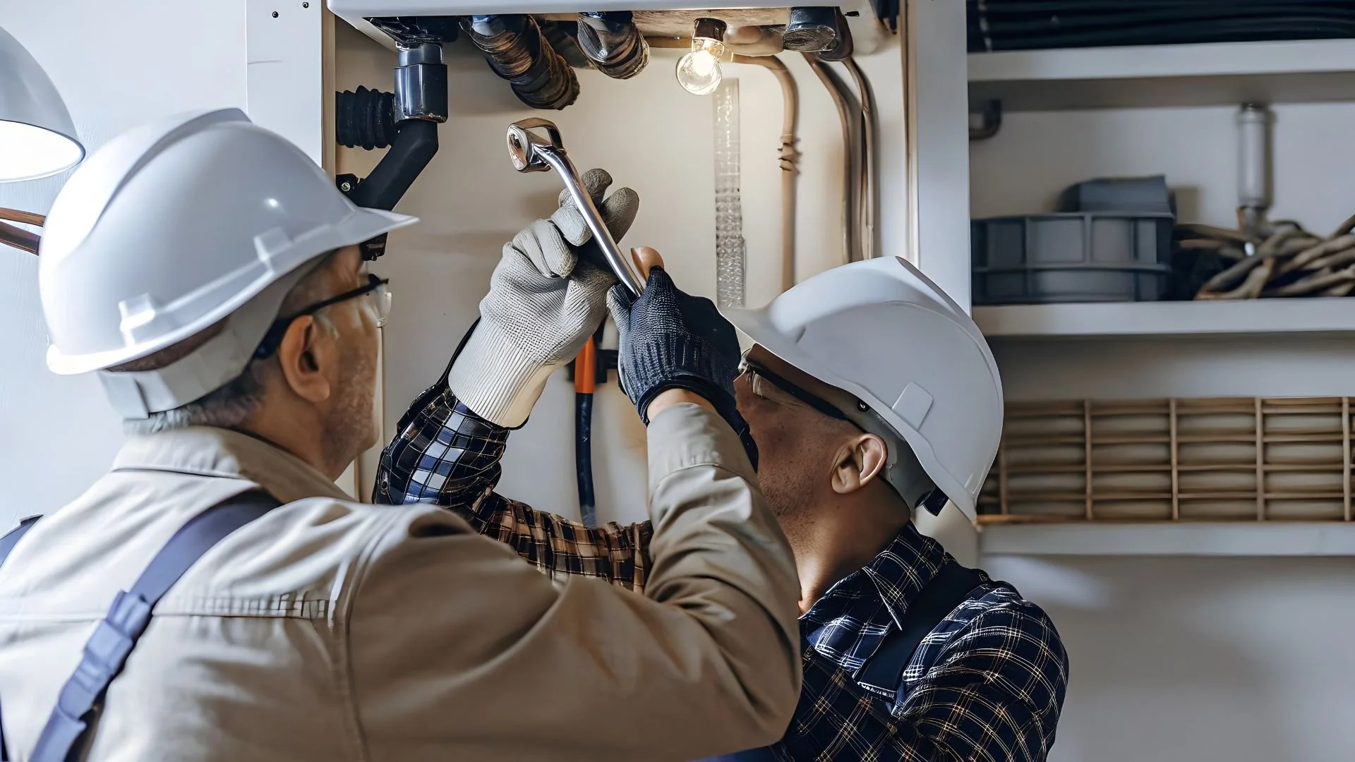 Two male electricians wearing hard hats and gloves working together on wiring inside an electrical panel.