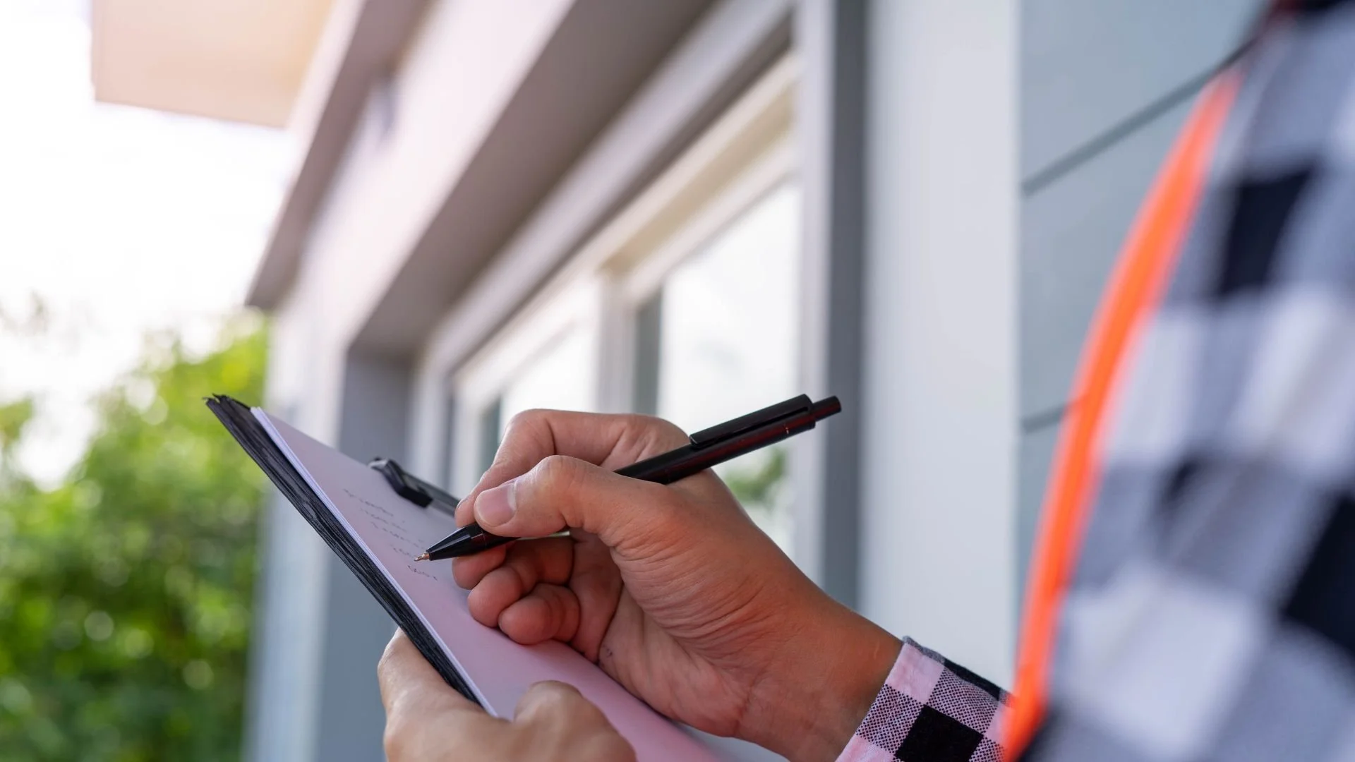 A person writing on a notepad with a pen outside near a house with greenery in the background.