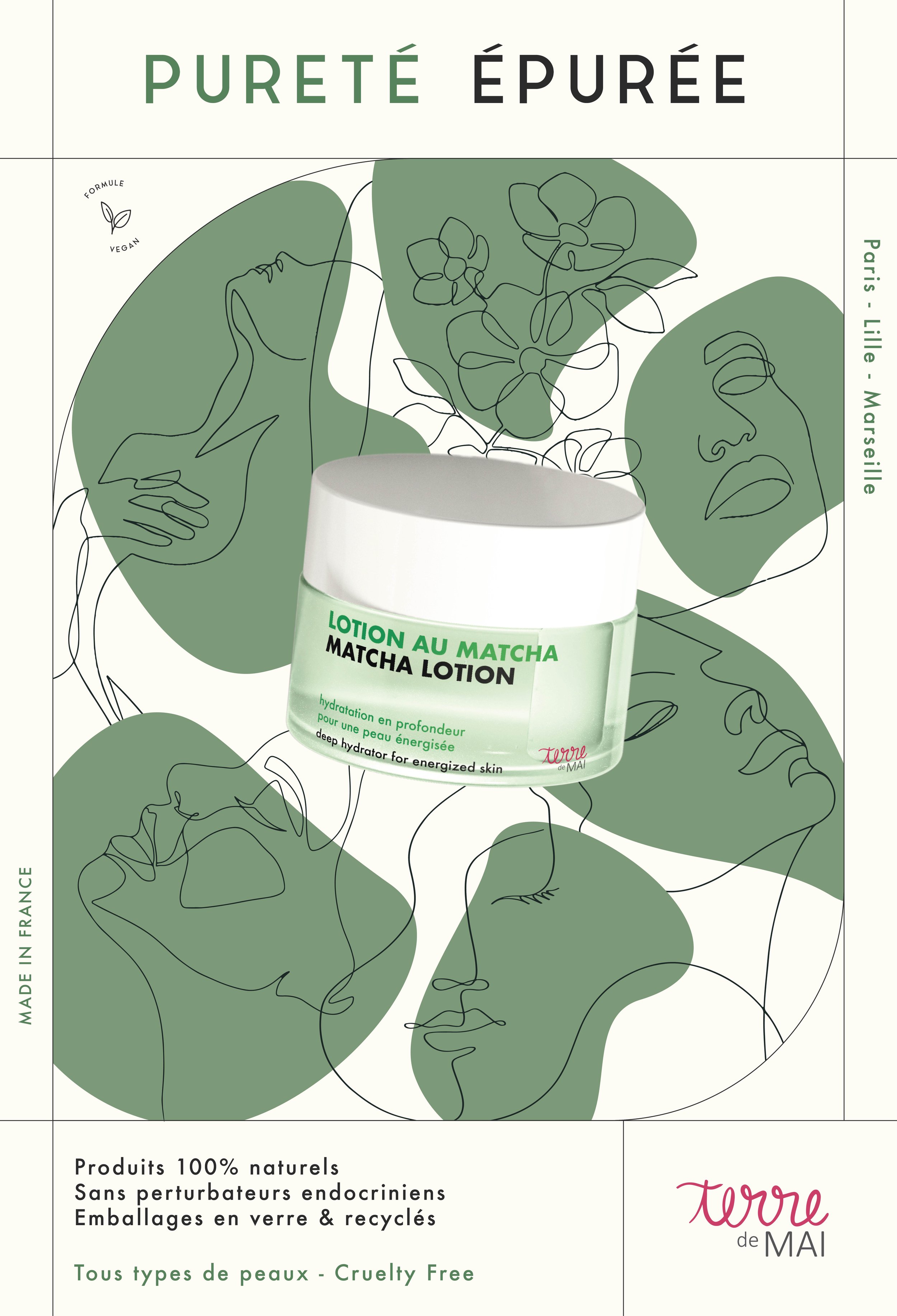 Affiche d'un emballage de lotion au matcha avec un design minimaliste, mettant en avant ses propriétés naturelles, vegan, sans perturbateurs endocriniens, recyclable, cruelty-free et pour tous types de peau !