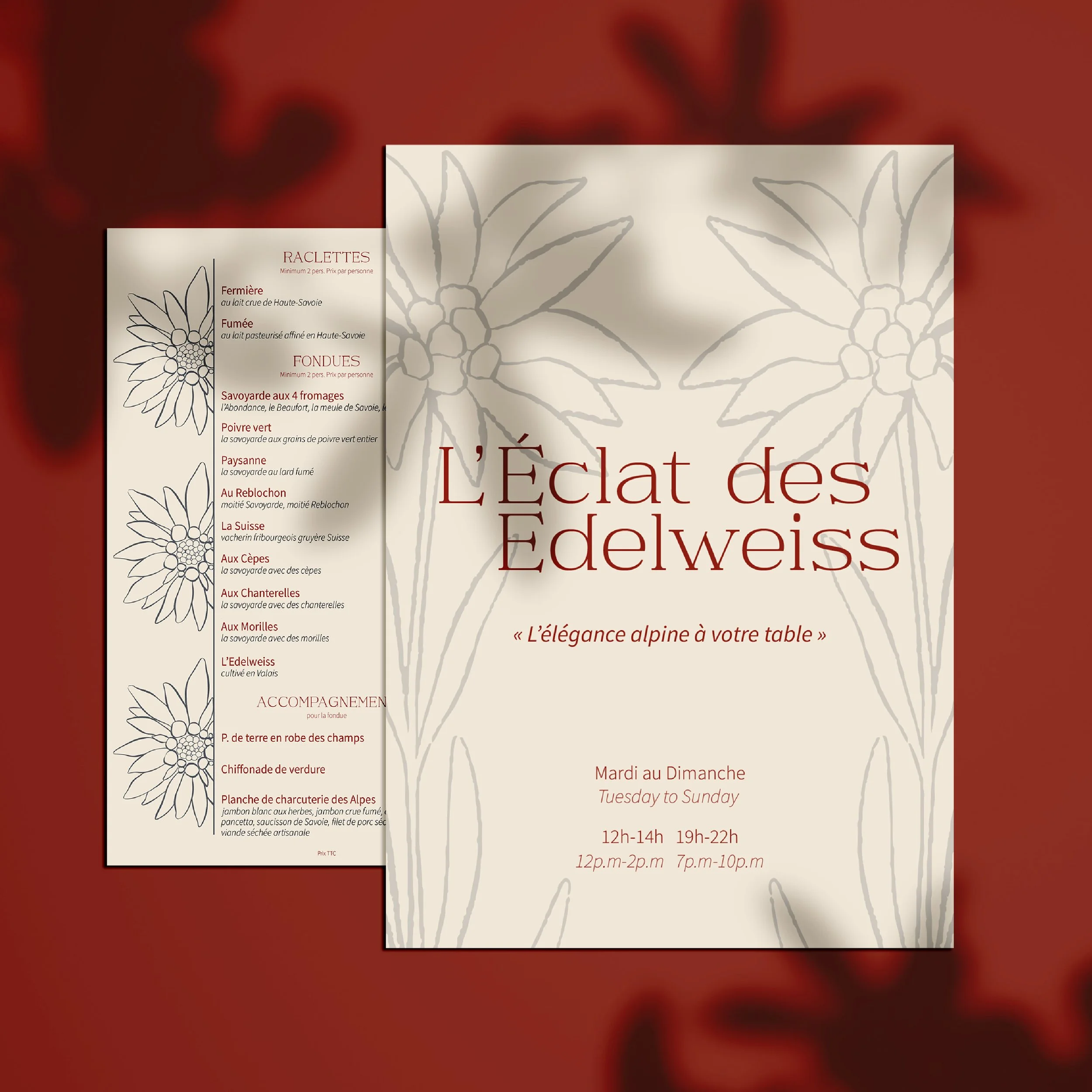 Menus de restaurant, l'un affichant le nom 'L'éclat des Edelweiss' et le slogan 'L'élégance alpine à votre table', mentionnant les heures d'ouverture et les jours, et l'autre listant le menu avec des plats traditionnels alpins et des accompagnements.