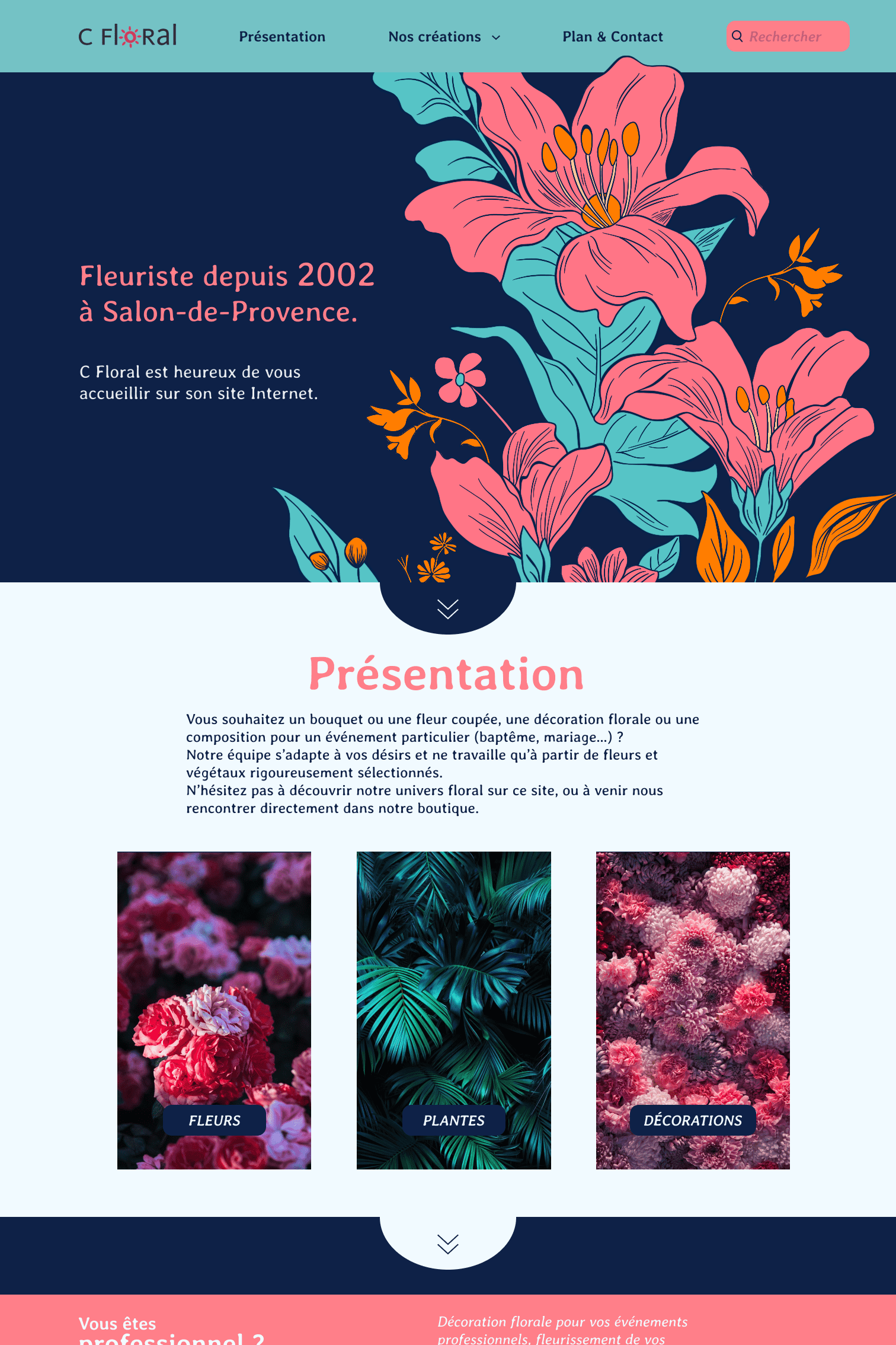 Page web illustrée d'un fleuriste, proposant différentes compositions de fleurs, plantes et bouquets.
