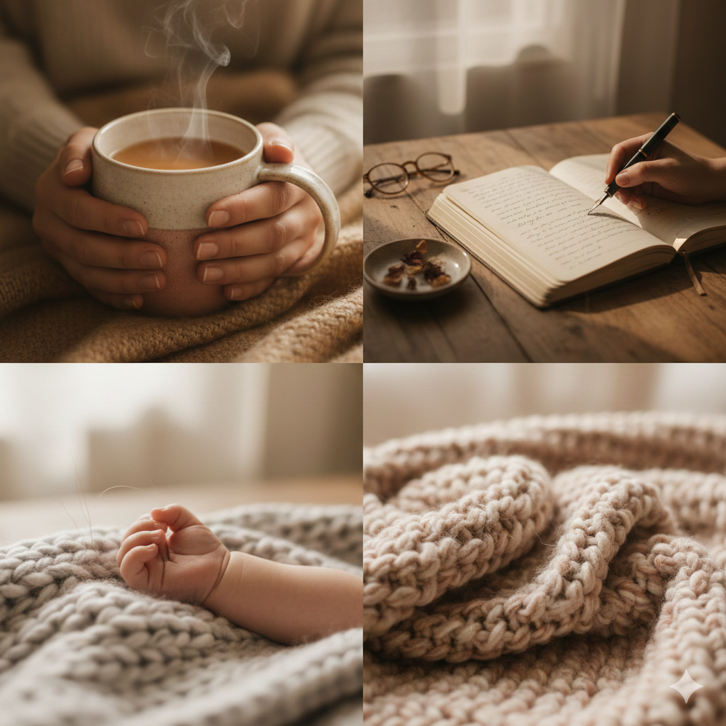 A cozy scene featuring a person holding a steaming mug of tea or coffee, an open book with a hand writing, a pair of glasses and a plate of cookies on a wooden table, and a close-up of a baby's hand and a knitted blanket.