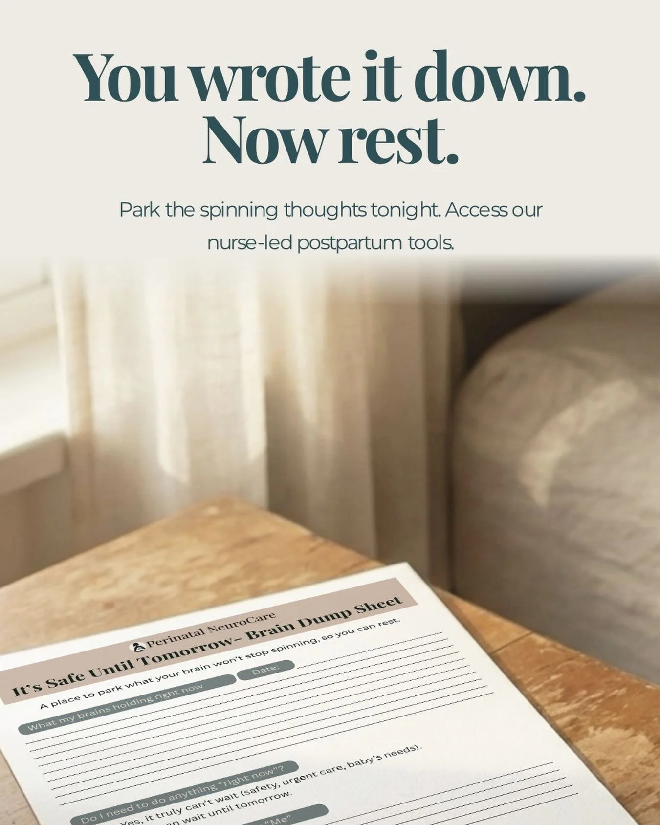 Your brain did its job. The paper can hold it now.

If you&rsquo;re lying in bed mentally cycling through tasks, appointments, and &ldquo;don&rsquo;t forget&hellip;&rdquo; lists, this It&rsquo;s Safe Until Tomorrow - Brain-Dump Sheet is your permissi