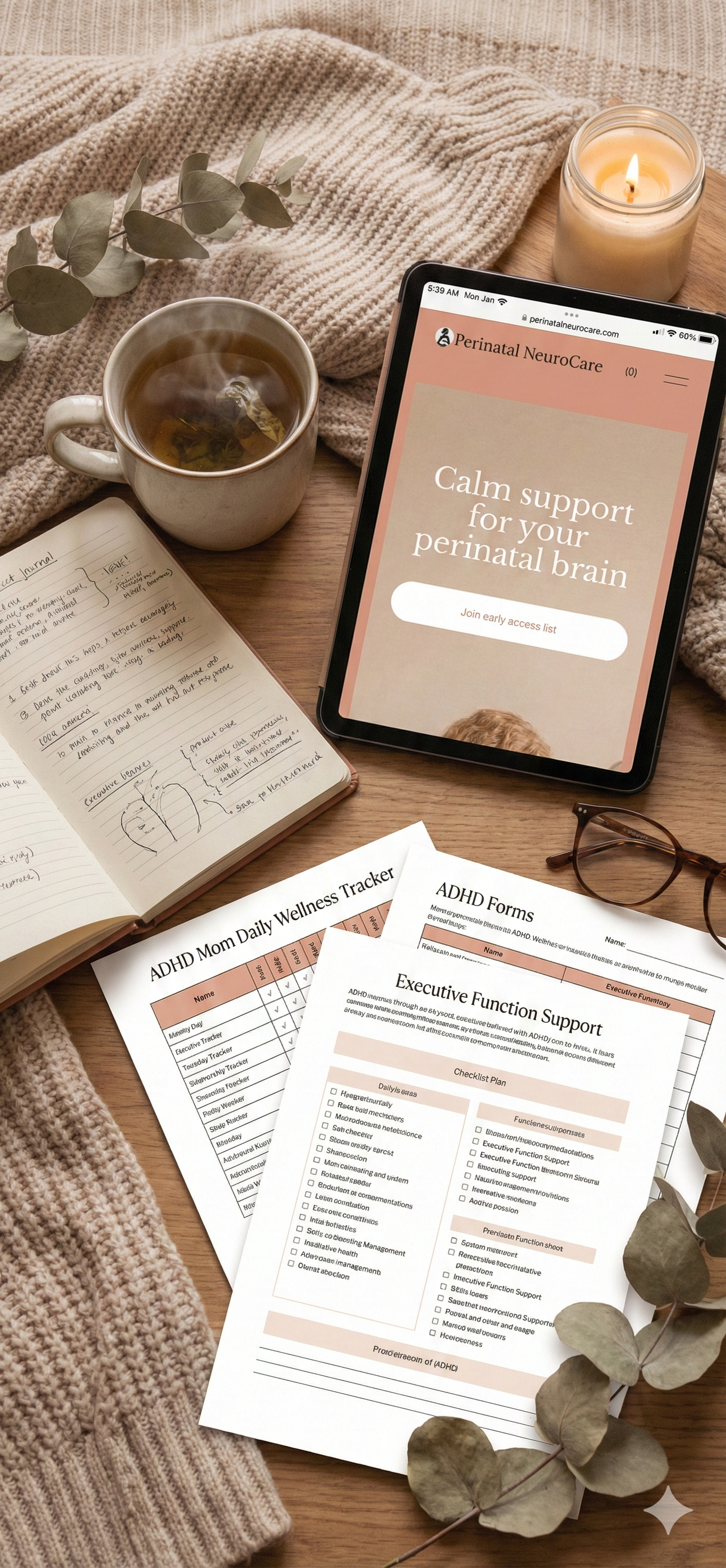A cozy workspace featuring a tablet displaying a mental health support website, a cup of tea, a lit candle, notebooks, and printed ADHD and wellness tracking forms on a wooden table, surrounded by a knit blanket and eucalyptus leaves.