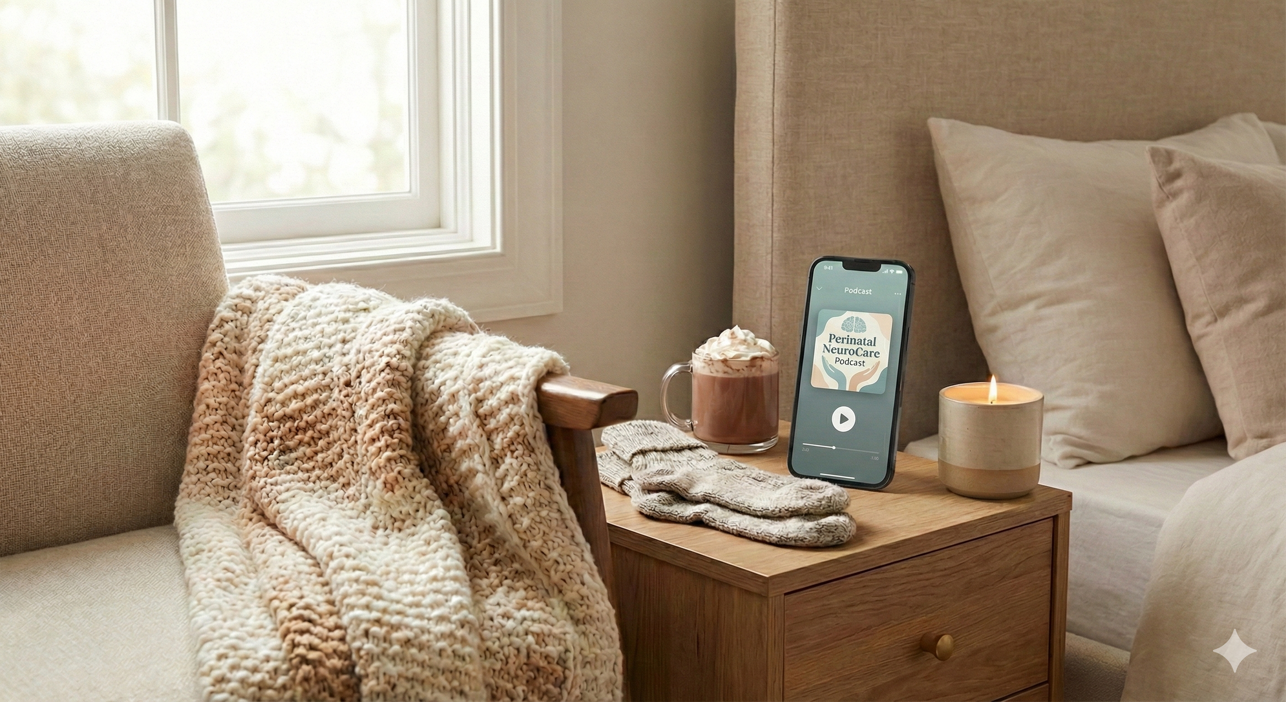 Cozy bedroom scene with a beige armchair, a wooden bedside table holding a mug with whipped cream, knitted slippers, a candle, and a smartphone displaying a podcast titled 'Perinatal NeuroCare Podcast' beside a bed with beige pillows and a window in the background.