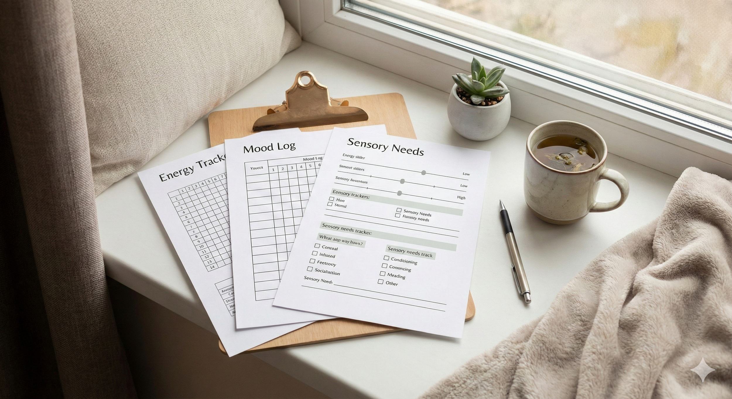 A desk near a window with worksheets titled 'Energy Tracker,' 'Mood Log,' and 'Sensory Needs.' There's a clipboard, a pen, a mug of tea, a potted succulent, a beige blanket, and sunlight coming through the window.