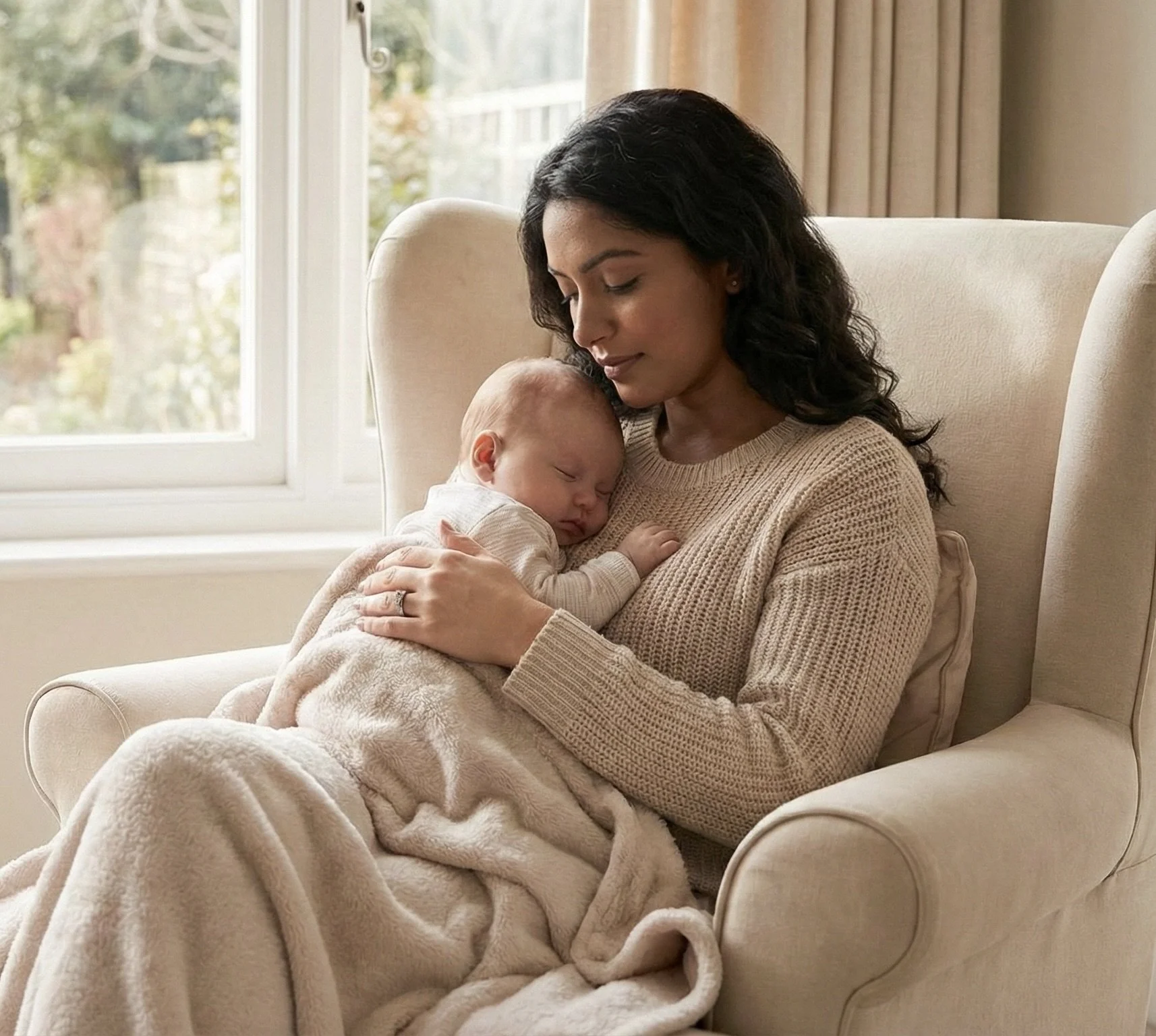 A woman with dark, curly hair and wearing a beige sweater sitting on a cream-colored armchair holding a sleeping baby wrapped in a soft blanket.