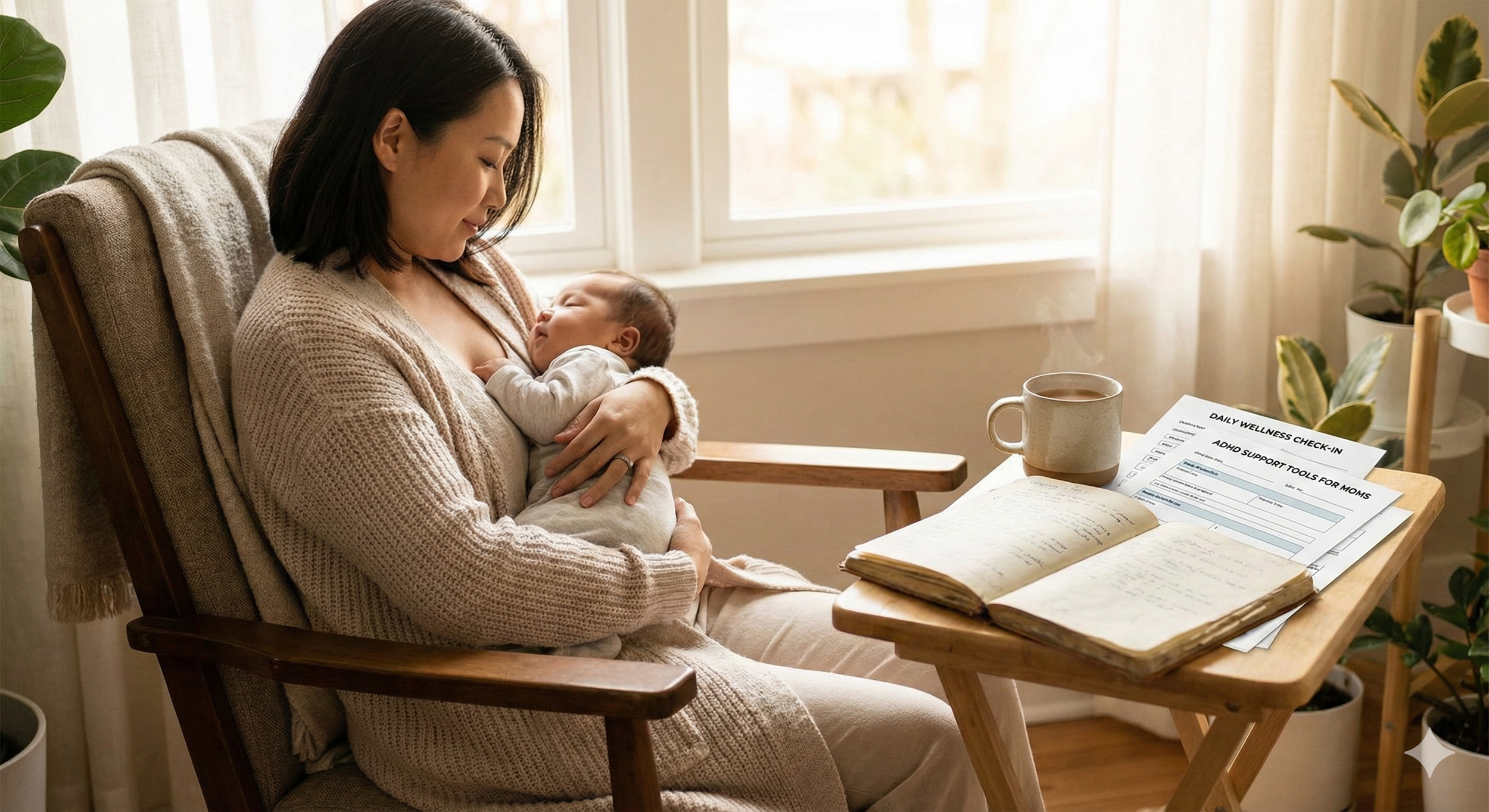 A woman sitting in a cozy chair holding a sleeping baby in her arms, with sunlight coming through a window behind them, a table with papers and a mug nearby, and potted plants in the background.